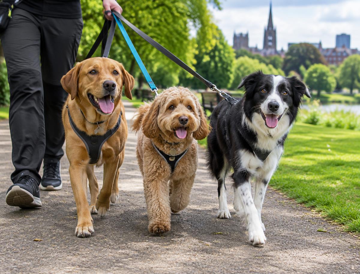 Three dogs enjoying a group walk
